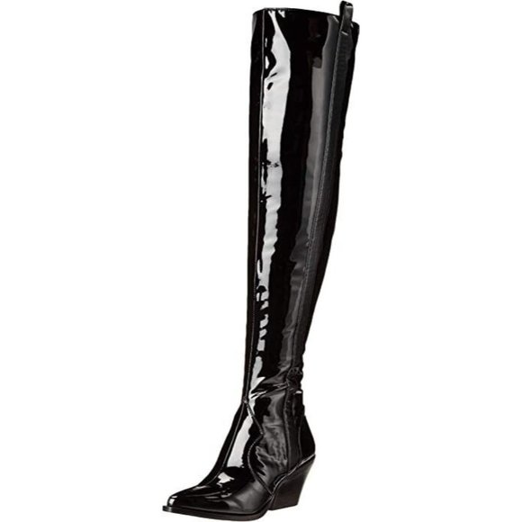 #22 Jessica Simpson Zeana2 Black Patent Over-the-Knee Western Pointed Toe Boots - Picture 1 of 5